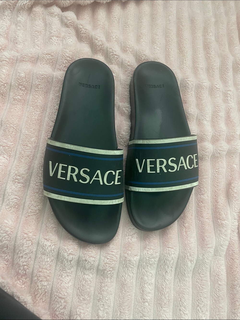 Versace Black Slide Sandals with Blue and White Accents